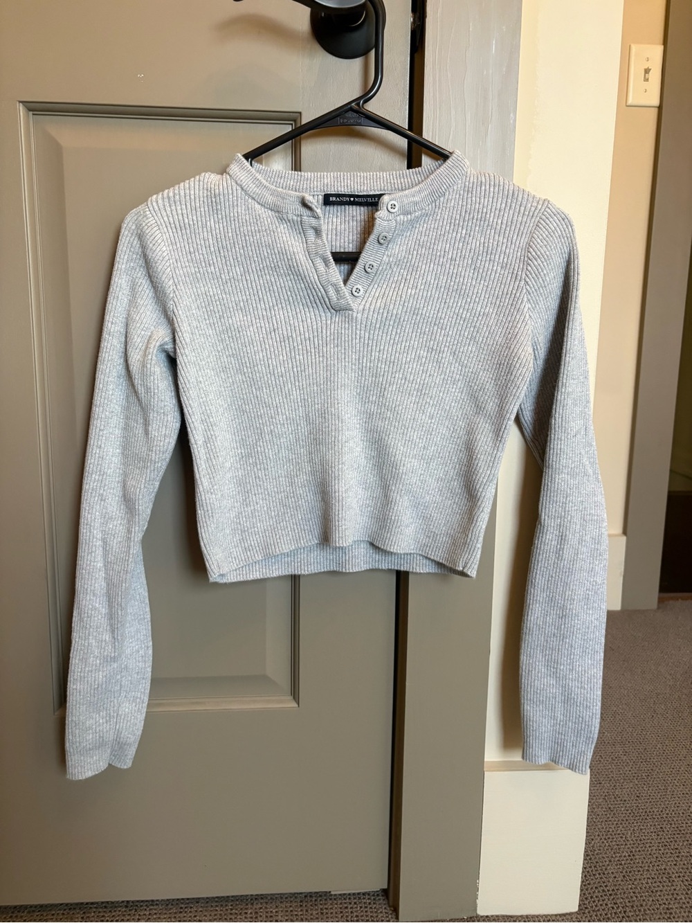 Brandy Melville Light Gray Ribbed Henley Cropped Long Sleeve